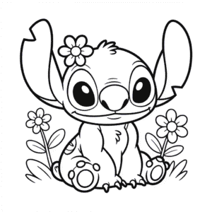 Rysunek Uroczy Stitch i Kwiaty